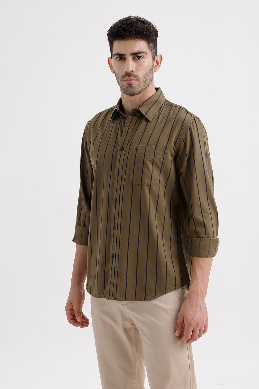 BASICS SLIM FIT KANGAROO KHAKI COTTON TWILL STRIPE SHIRT