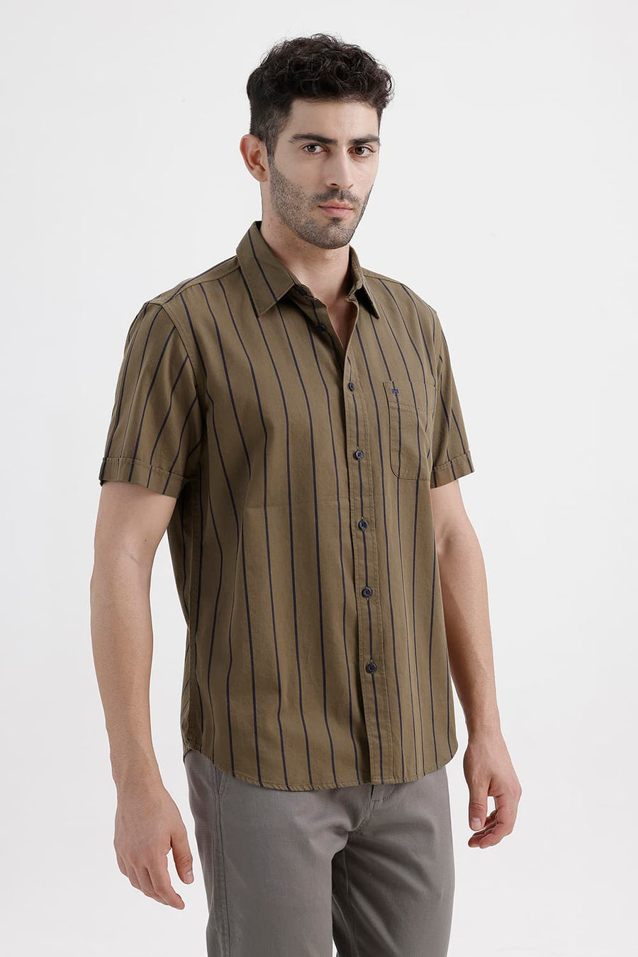 BASICS SLIM FIT KANGAROO KHAKI COTTON TWILL STRIPE HALFSLEEVES SHIRT