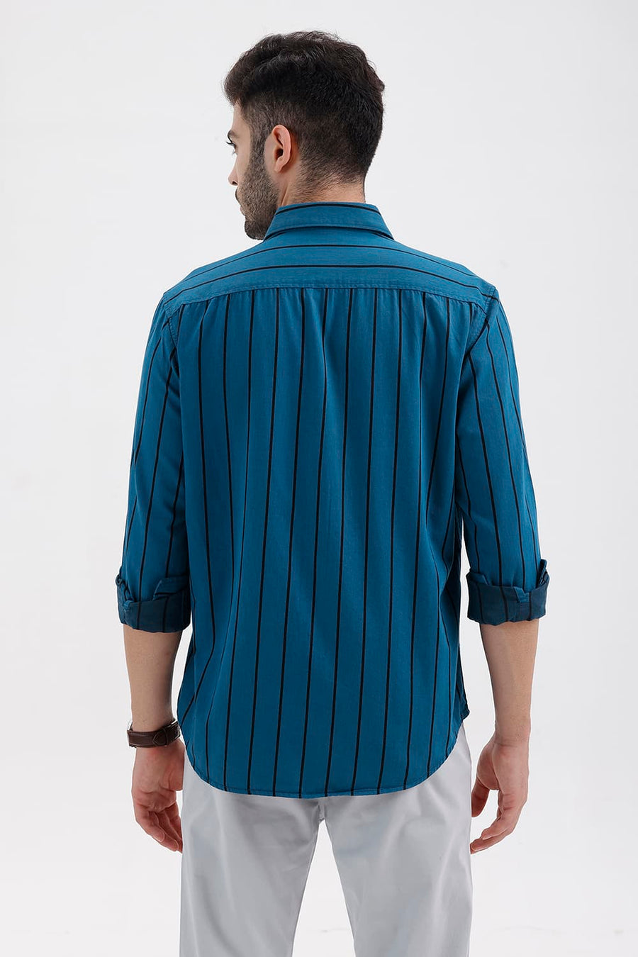 BASICS SLIM FIT SEAPORT BLUE COTTON TWILL STRIPE SHIRT