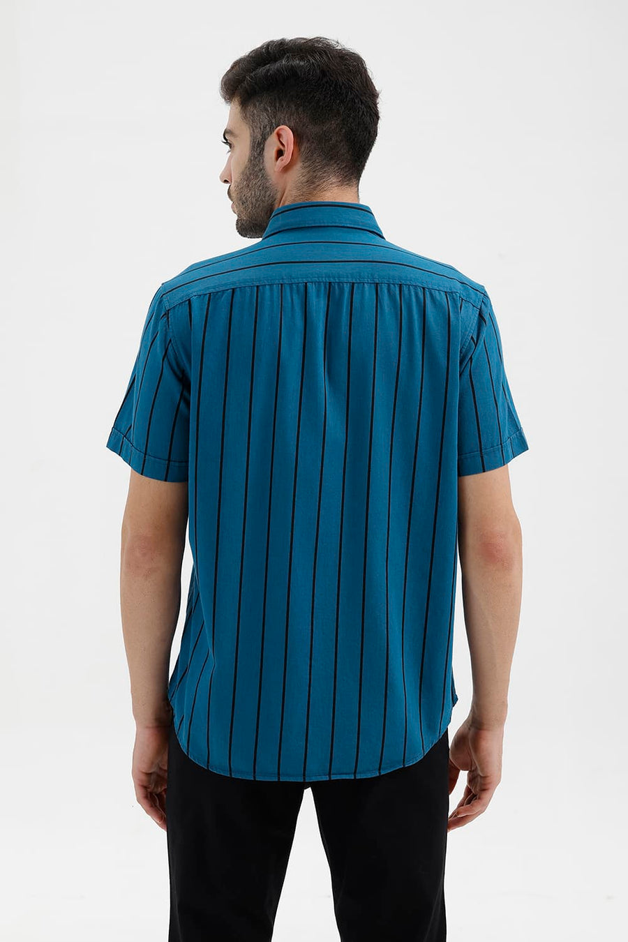 BASICS SLIM FIT SEAPORT BLUE COTTON TWILL STRIPE HALFSLEEVES SHIRT