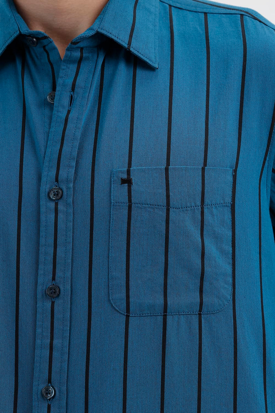 BASICS SLIM FIT SEAPORT BLUE COTTON TWILL STRIPE SHIRT