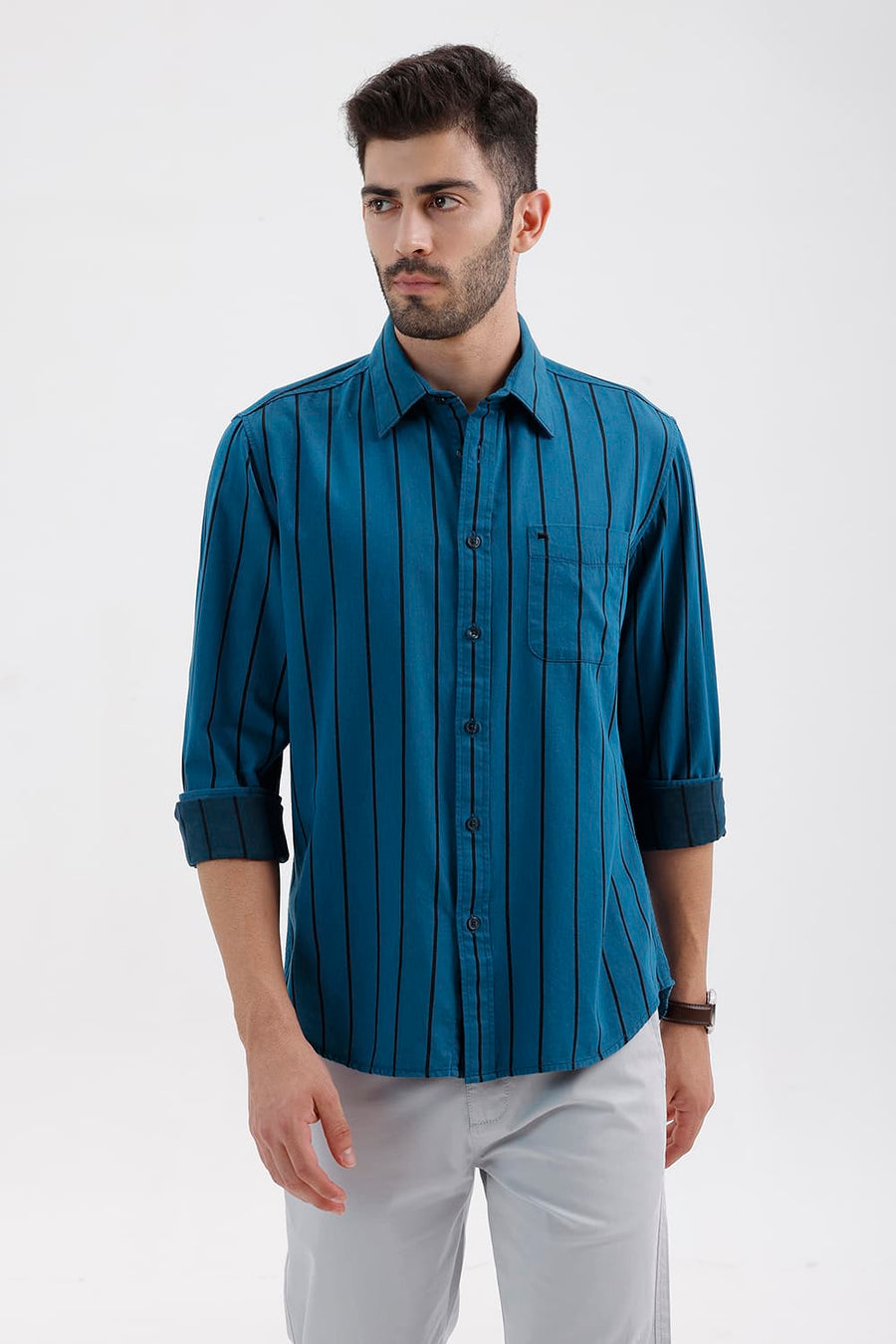 BASICS SLIM FIT SEAPORT BLUE COTTON TWILL STRIPE SHIRT