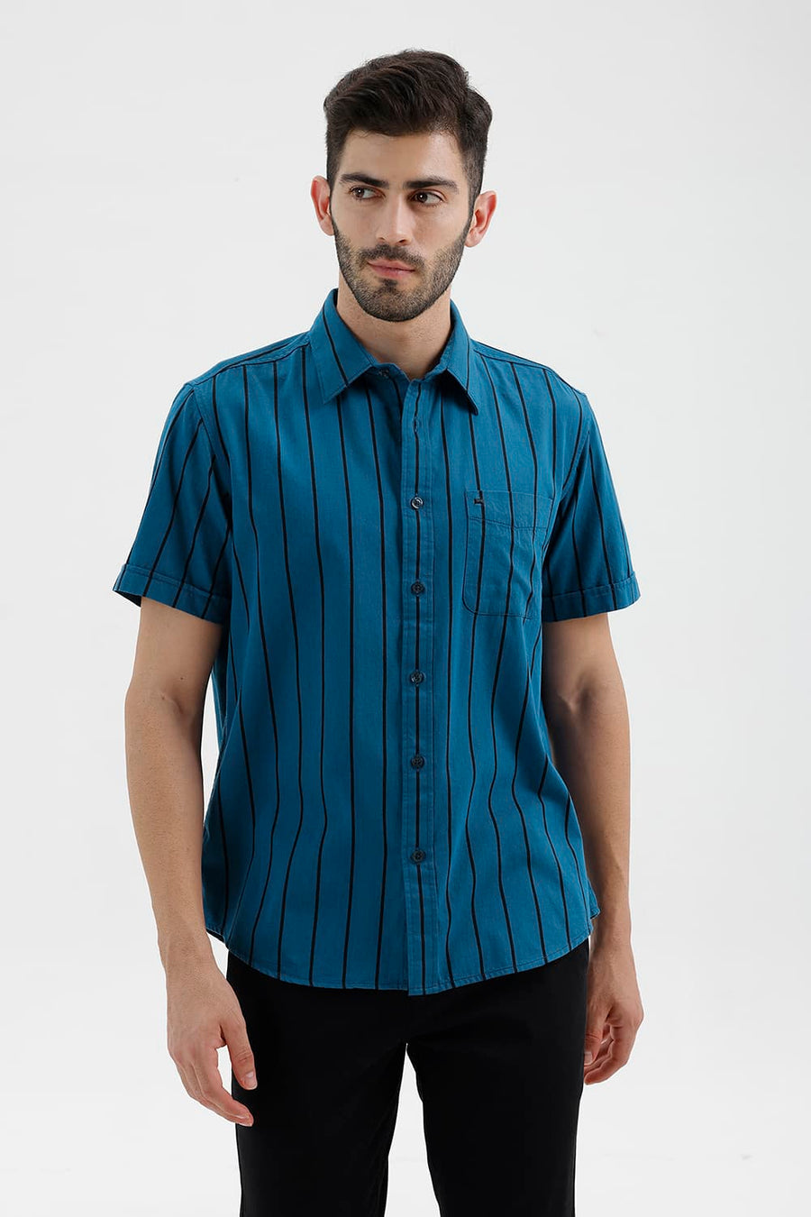 BASICS SLIM FIT SEAPORT BLUE COTTON TWILL STRIPE HALFSLEEVES SHIRT