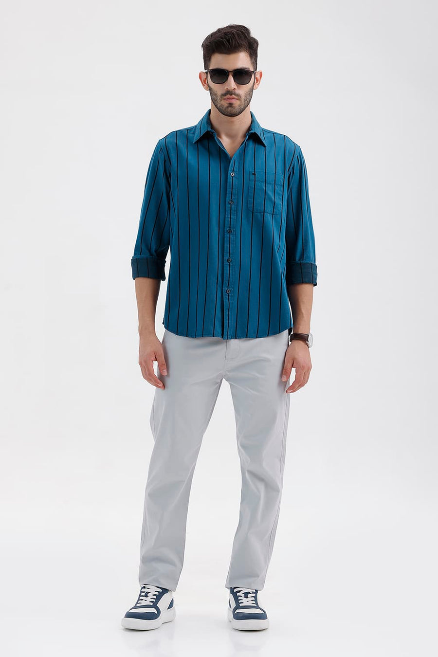 BASICS SLIM FIT SEAPORT BLUE COTTON TWILL STRIPE SHIRT