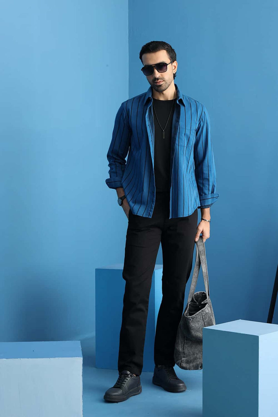 Basics Slim Fit Seaport Blue Cotton Twill Stripe Shirt