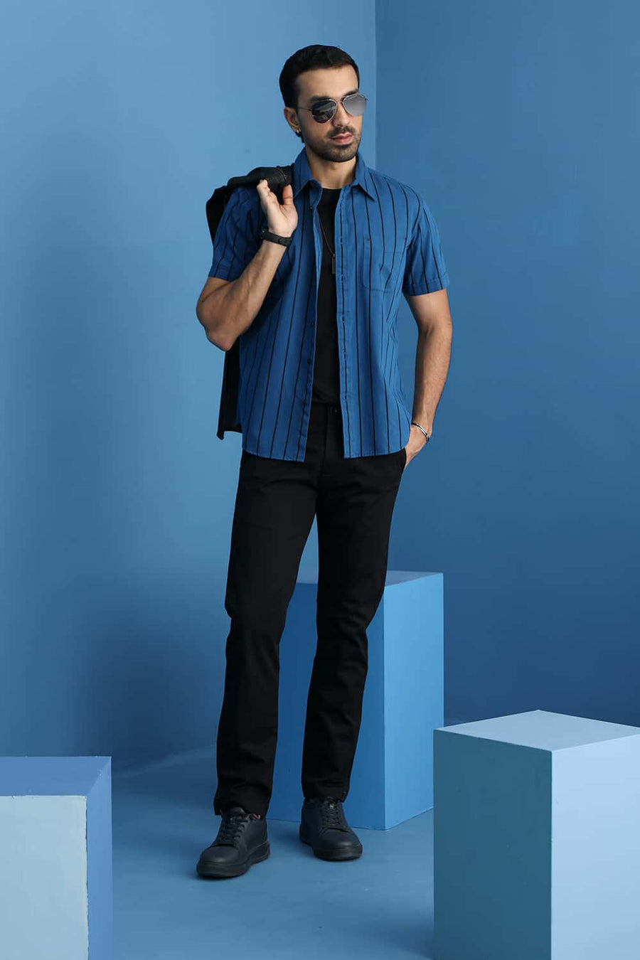 Basics Slim Fit Seaport Blue Cotton Twill Stripe Halfsleeves Shirt