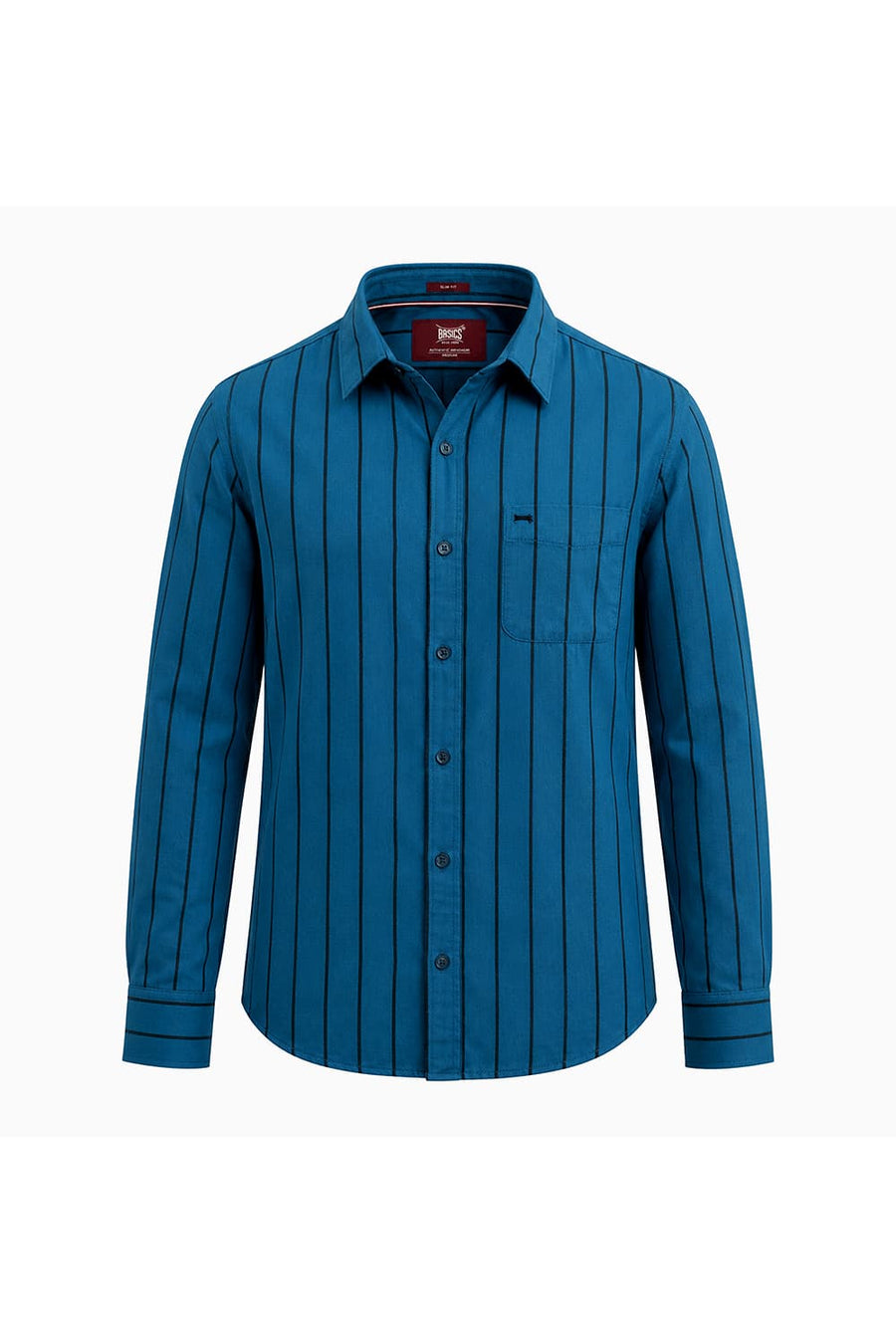 BASICS SLIM FIT SEAPORT BLUE COTTON TWILL STRIPE SHIRT