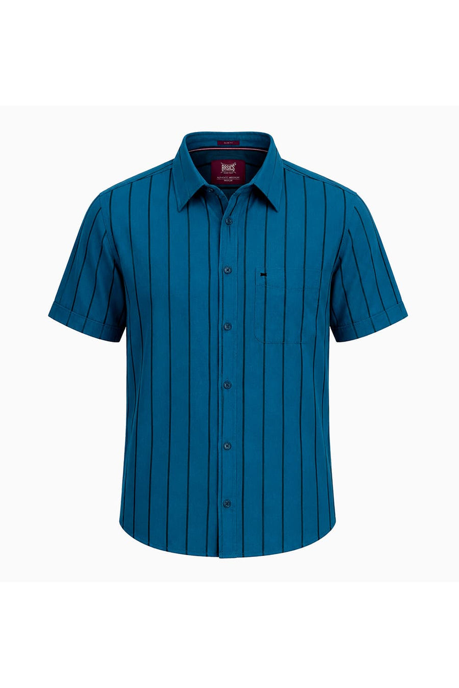BASICS SLIM FIT SEAPORT BLUE COTTON TWILL STRIPE HALFSLEEVES SHIRT