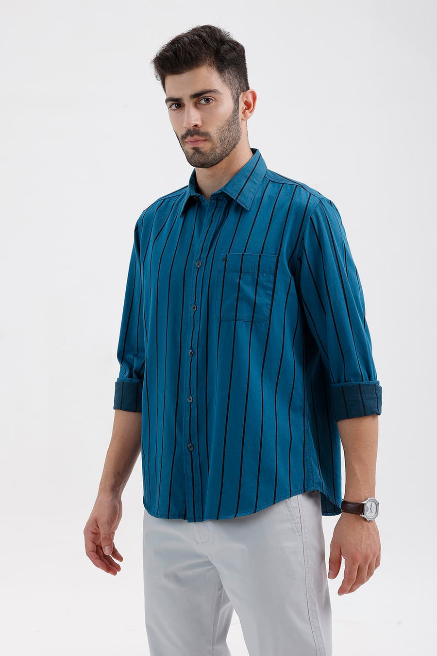 BASICS SLIM FIT SEAPORT BLUE COTTON TWILL STRIPE SHIRT