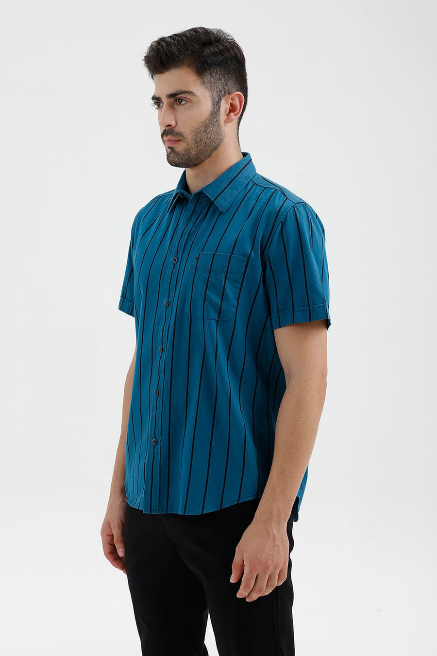 BASICS SLIM FIT SEAPORT BLUE COTTON TWILL STRIPE HALFSLEEVES SHIRT