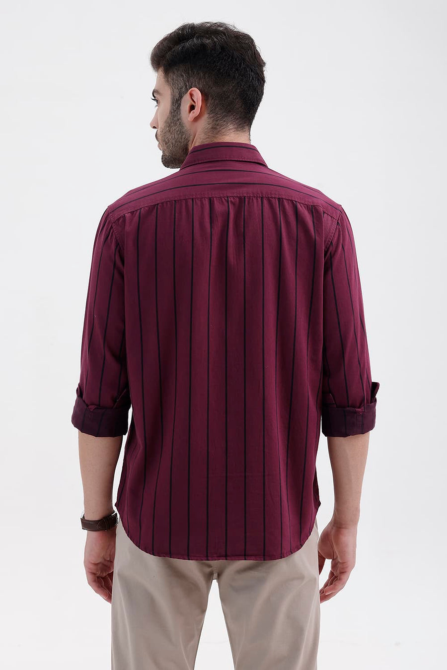 BASICS SLIM FIT BURGUNDY WINE COTTON TWILL STRIPE SHIRT