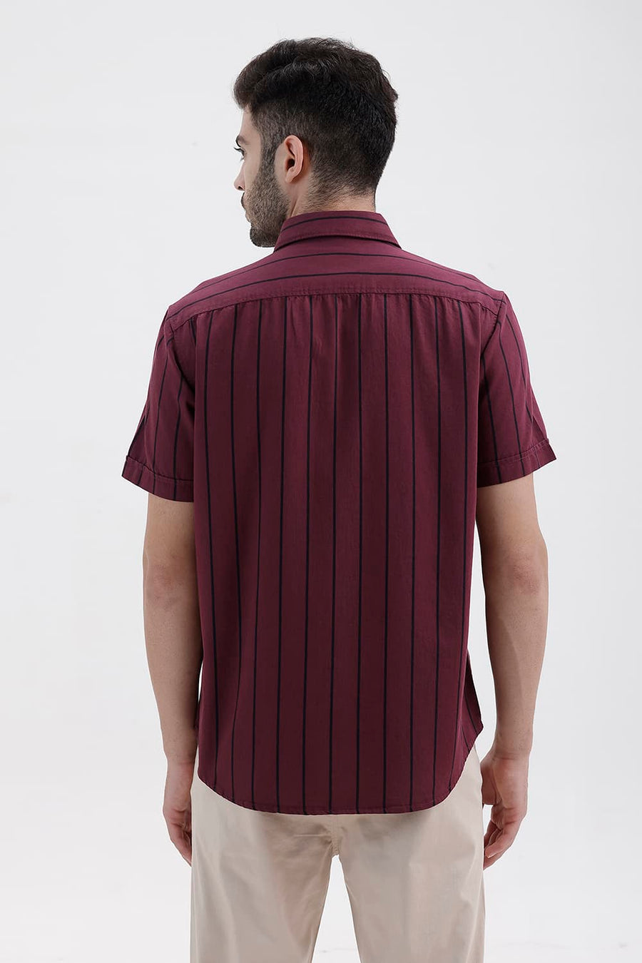 BASICS SLIM FIT BURGUNDY WINE COTTON TWILL STRIPE HALFSLEEVES SHIRT