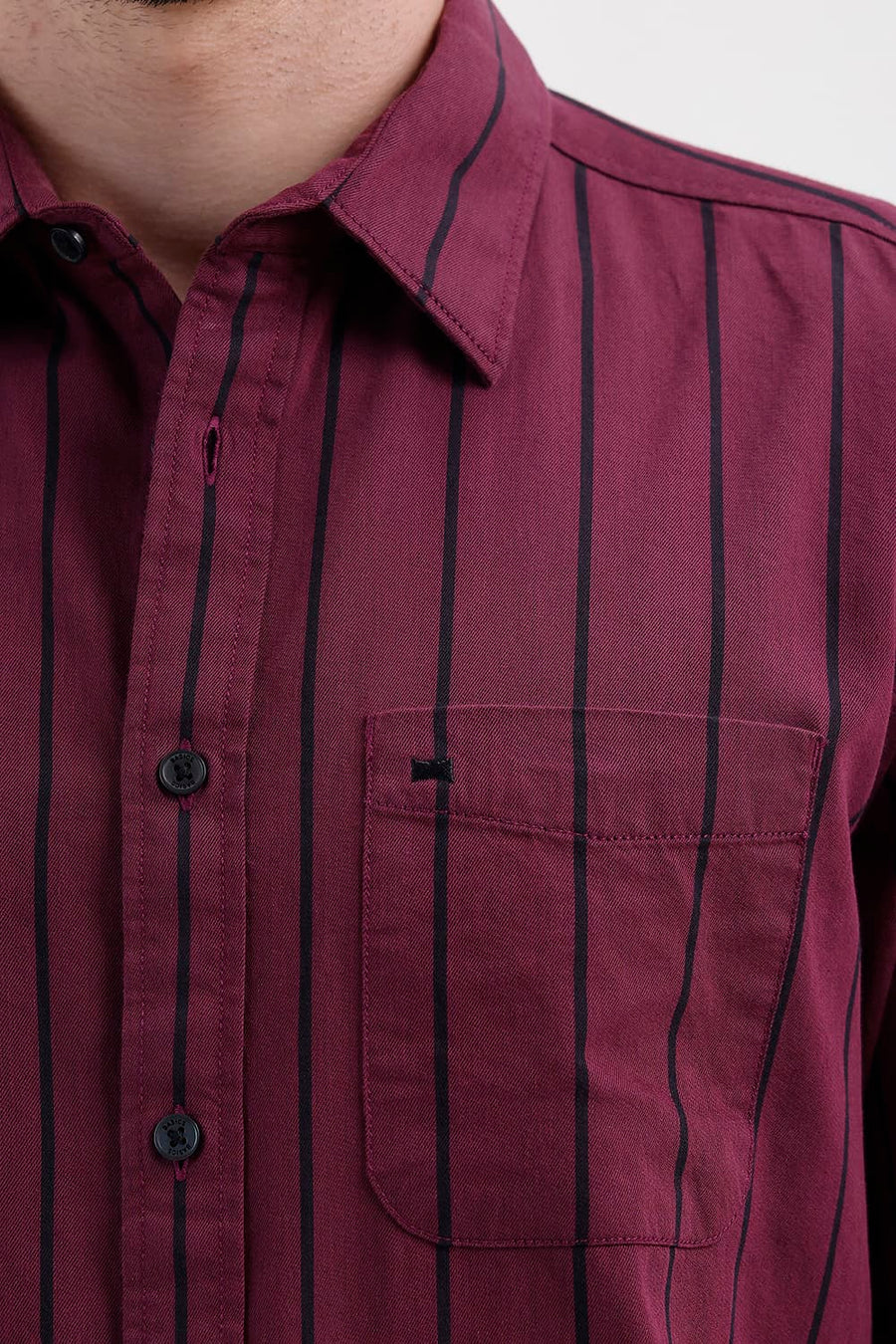 BASICS SLIM FIT BURGUNDY WINE COTTON TWILL STRIPE SHIRT