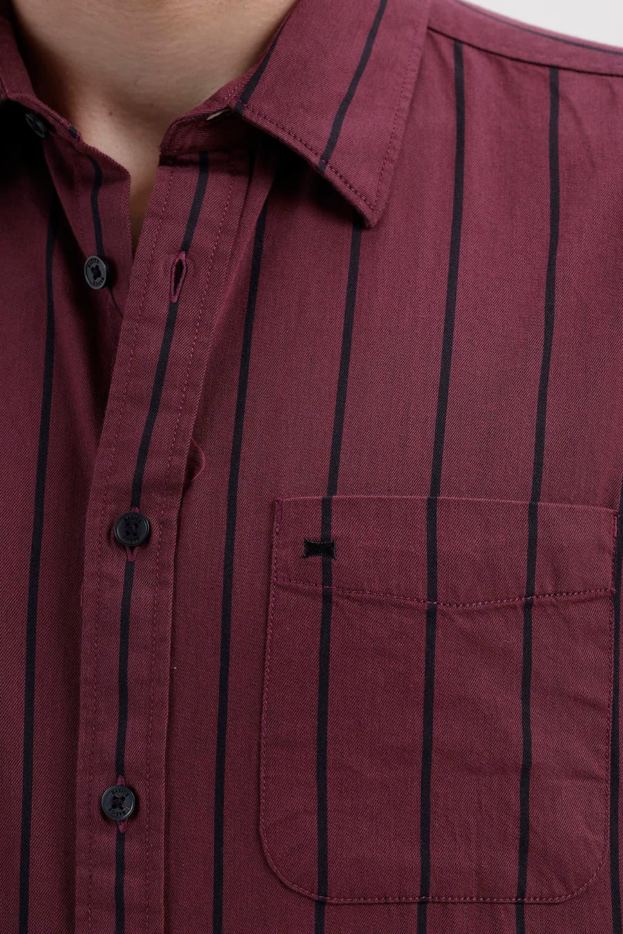 BASICS SLIM FIT BURGUNDY WINE COTTON TWILL STRIPE HALFSLEEVES SHIRT