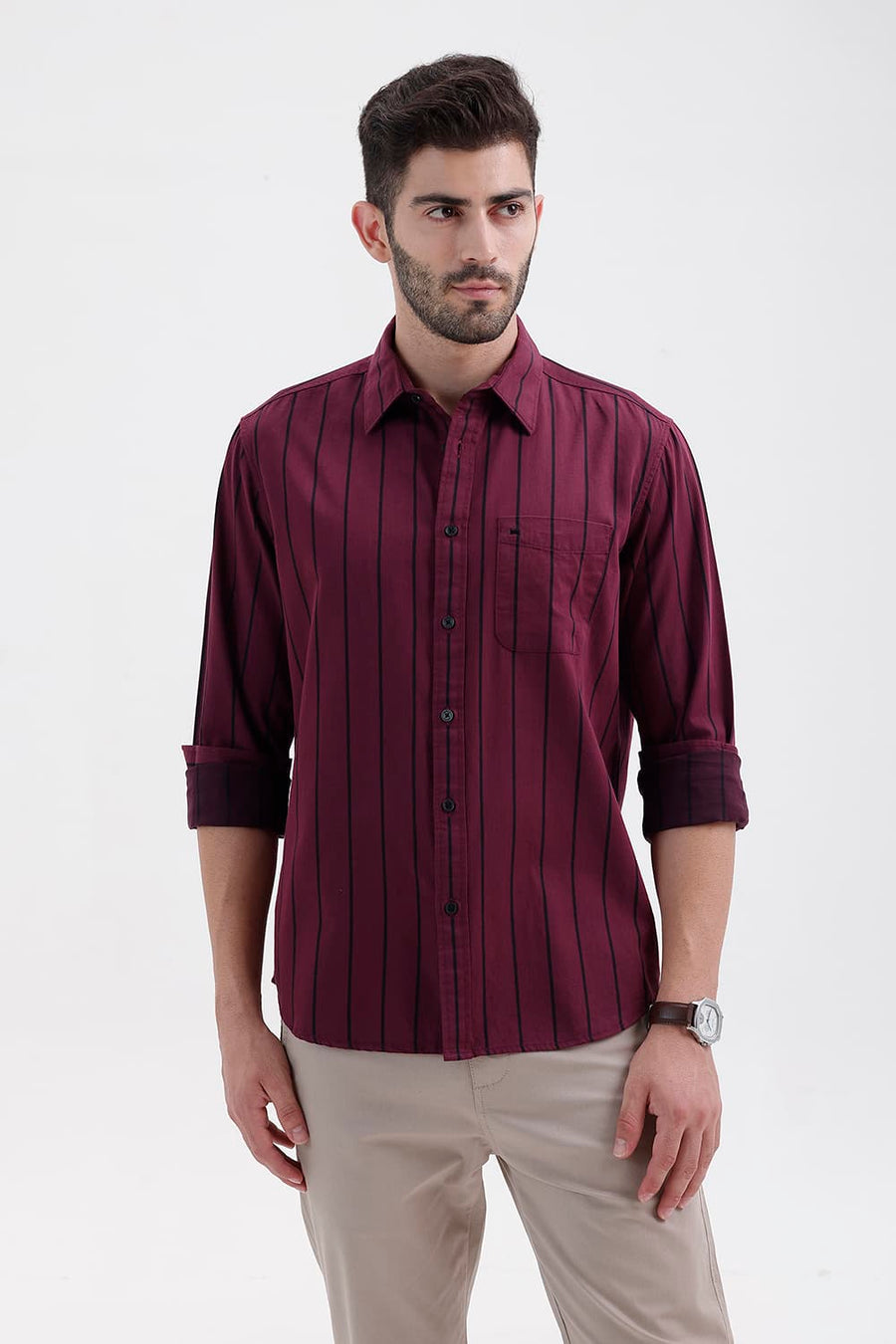 BASICS SLIM FIT BURGUNDY WINE COTTON TWILL STRIPE SHIRT