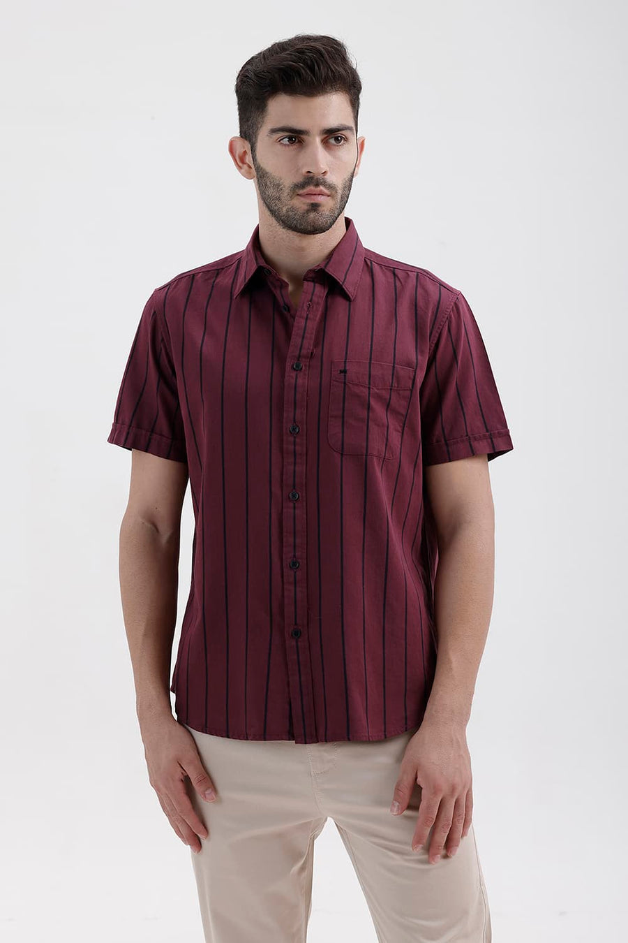 BASICS SLIM FIT BURGUNDY WINE COTTON TWILL STRIPE HALFSLEEVES SHIRT