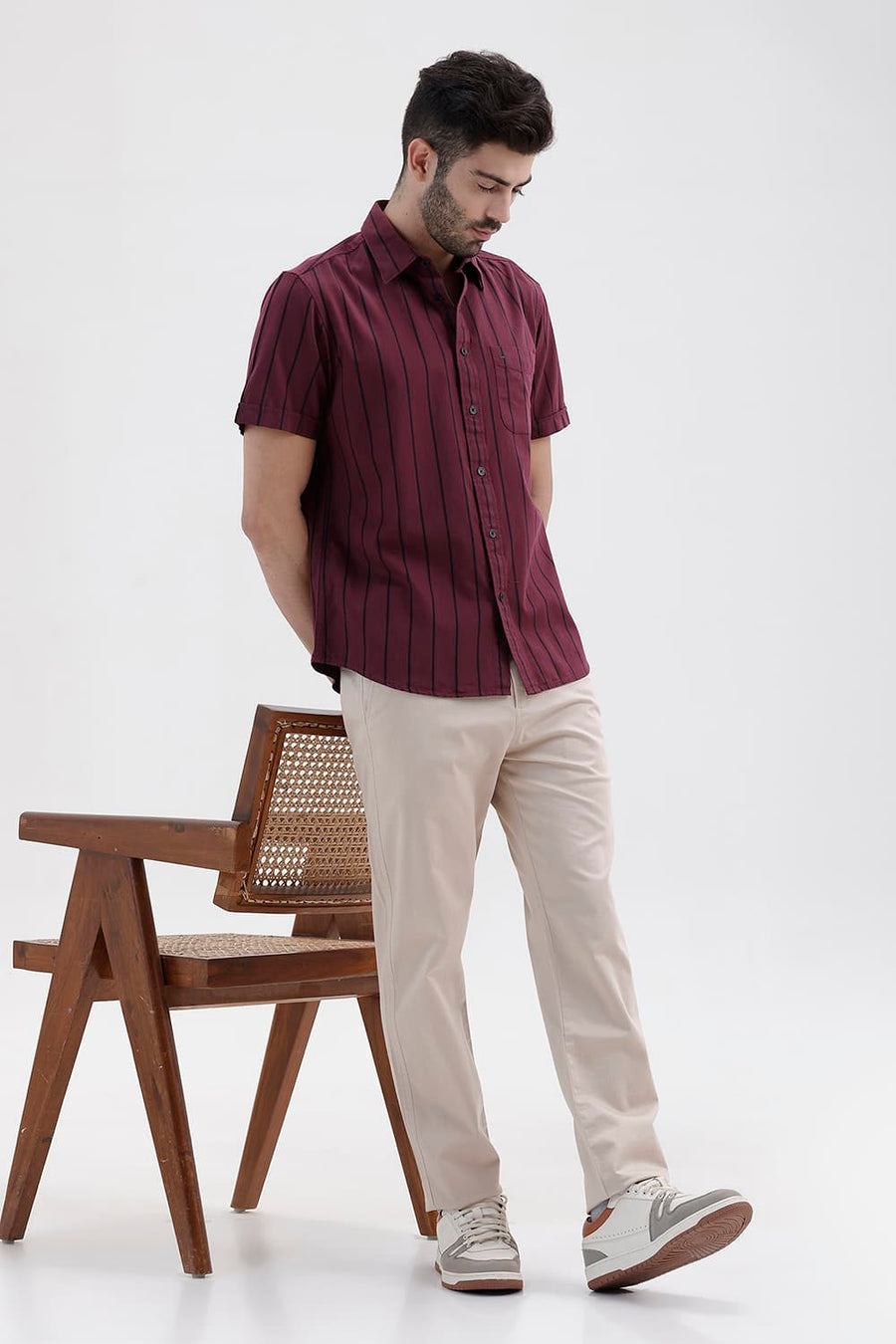 BASICS SLIM FIT BURGUNDY WINE COTTON TWILL STRIPE HALFSLEEVES SHIRT