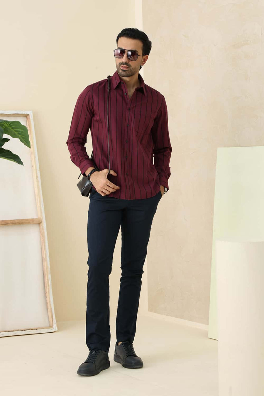 Basics Slim Fit Burgundy Wine Cotton Twill Stripe Shirt