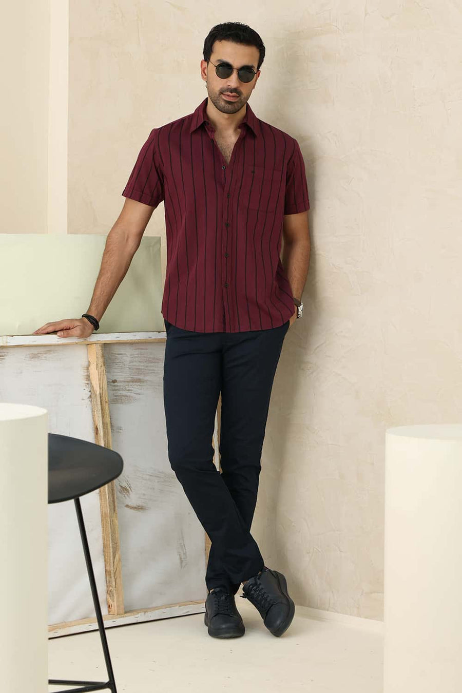 Basics Slim Fit Burgundy Wine Cotton Twill Stripe Halfsleeves Shirt