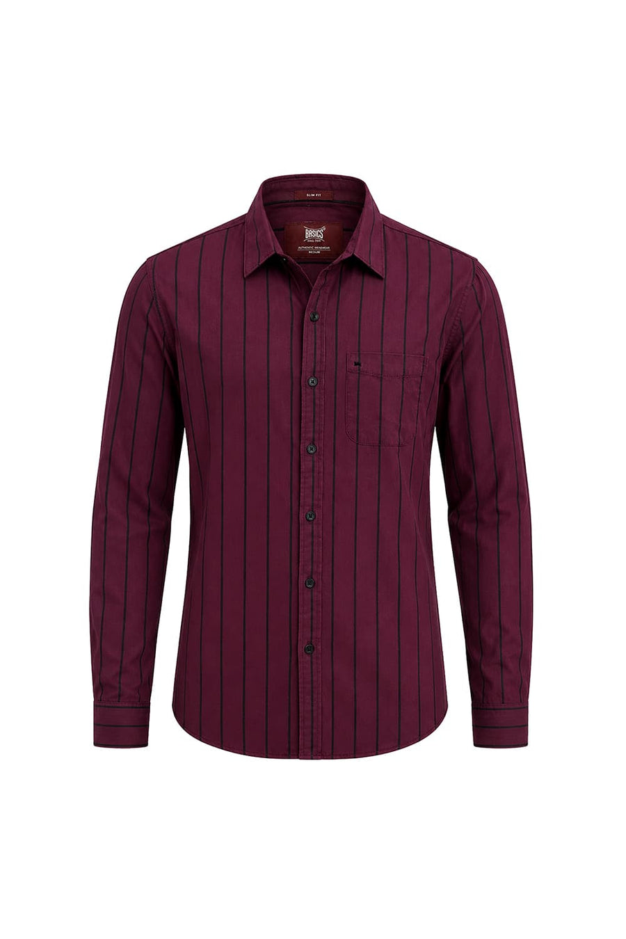 BASICS SLIM FIT BURGUNDY WINE COTTON TWILL STRIPE SHIRT