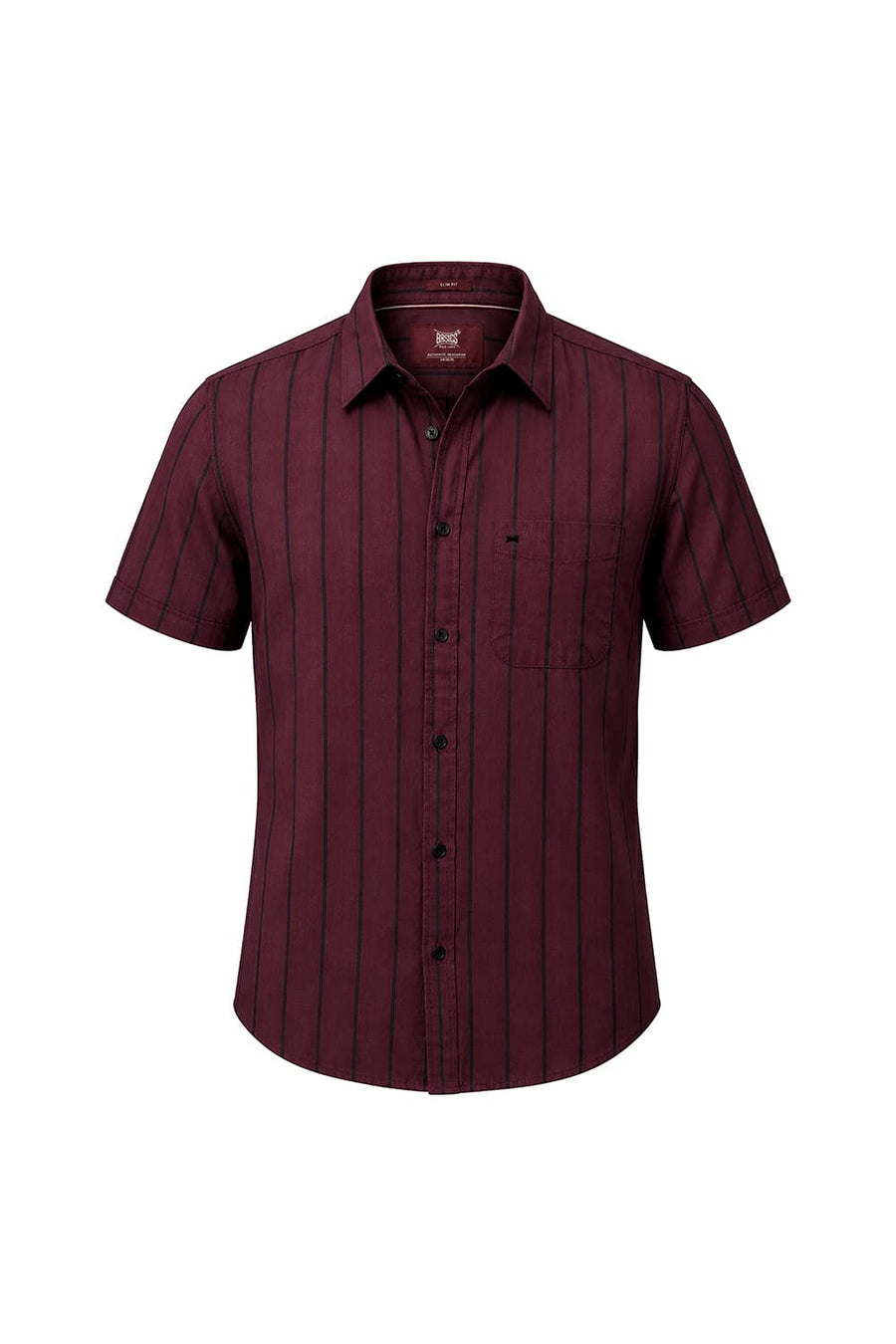 BASICS SLIM FIT BURGUNDY WINE COTTON TWILL STRIPE HALFSLEEVES SHIRT