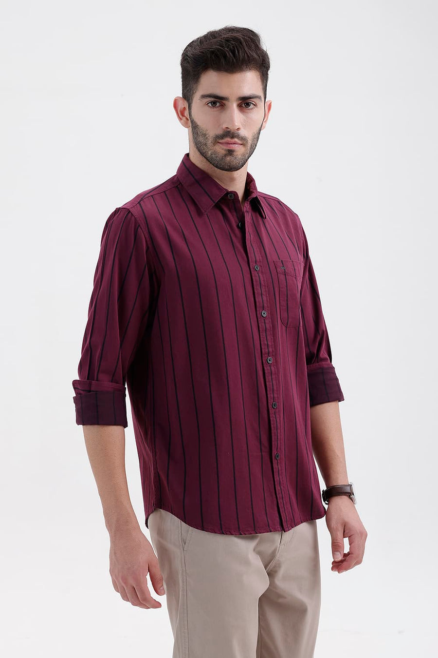 BASICS SLIM FIT BURGUNDY WINE COTTON TWILL STRIPE SHIRT