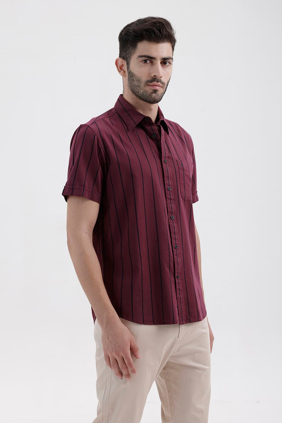 BASICS SLIM FIT BURGUNDY WINE COTTON TWILL STRIPE HALFSLEEVES SHIRT