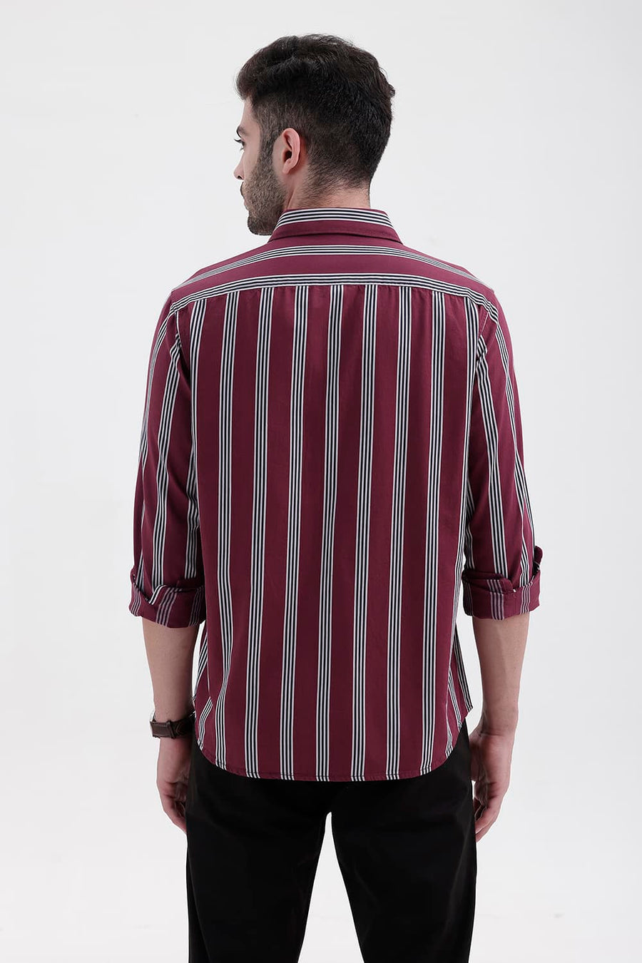 BASICS SLIM FIT CORDOVAN MAROON COTTON TWILL STRIPE SHIRT
