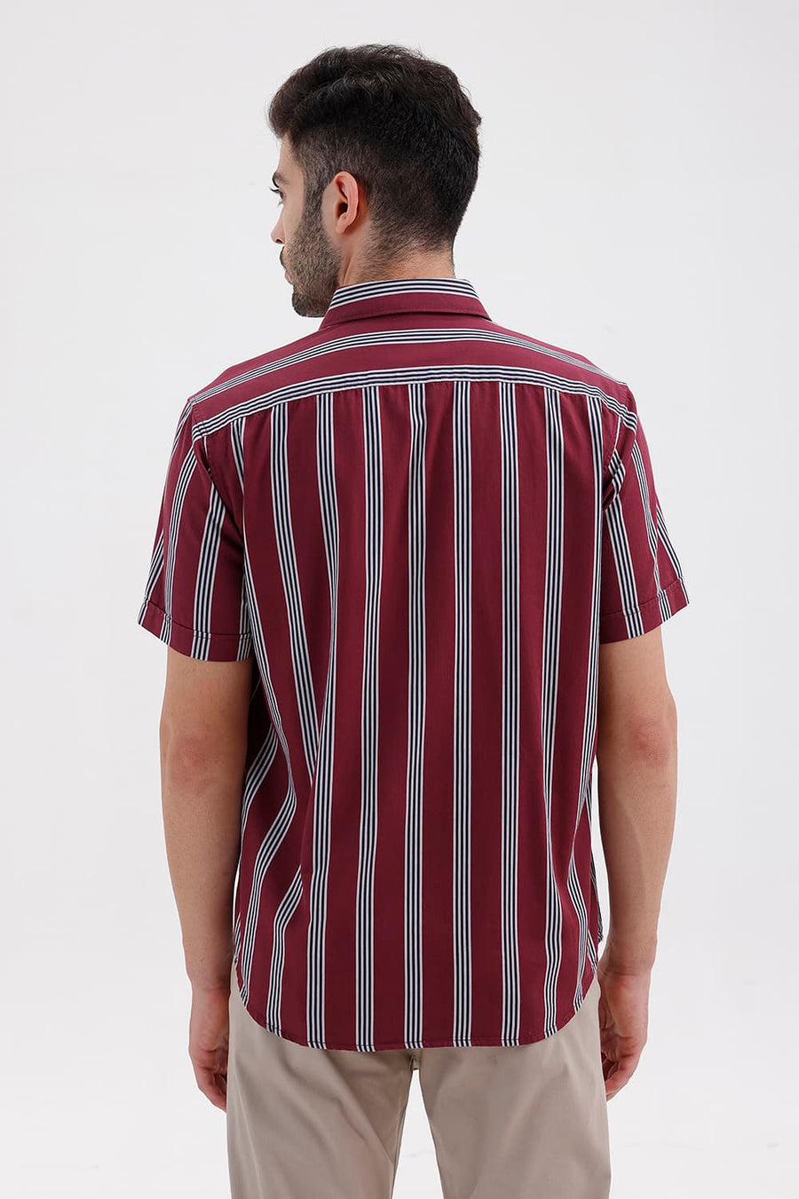 BASICS SLIM FIT CORDOVAN MAROON COTTON TWILL STRIPE HALFSLEEVES SHIRT