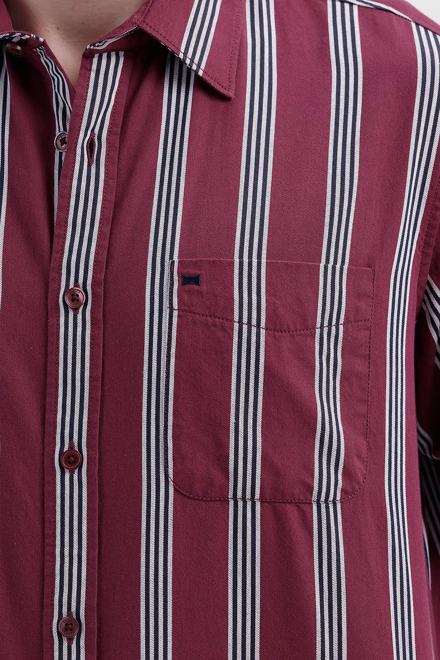 BASICS SLIM FIT CORDOVAN MAROON COTTON TWILL STRIPE SHIRT