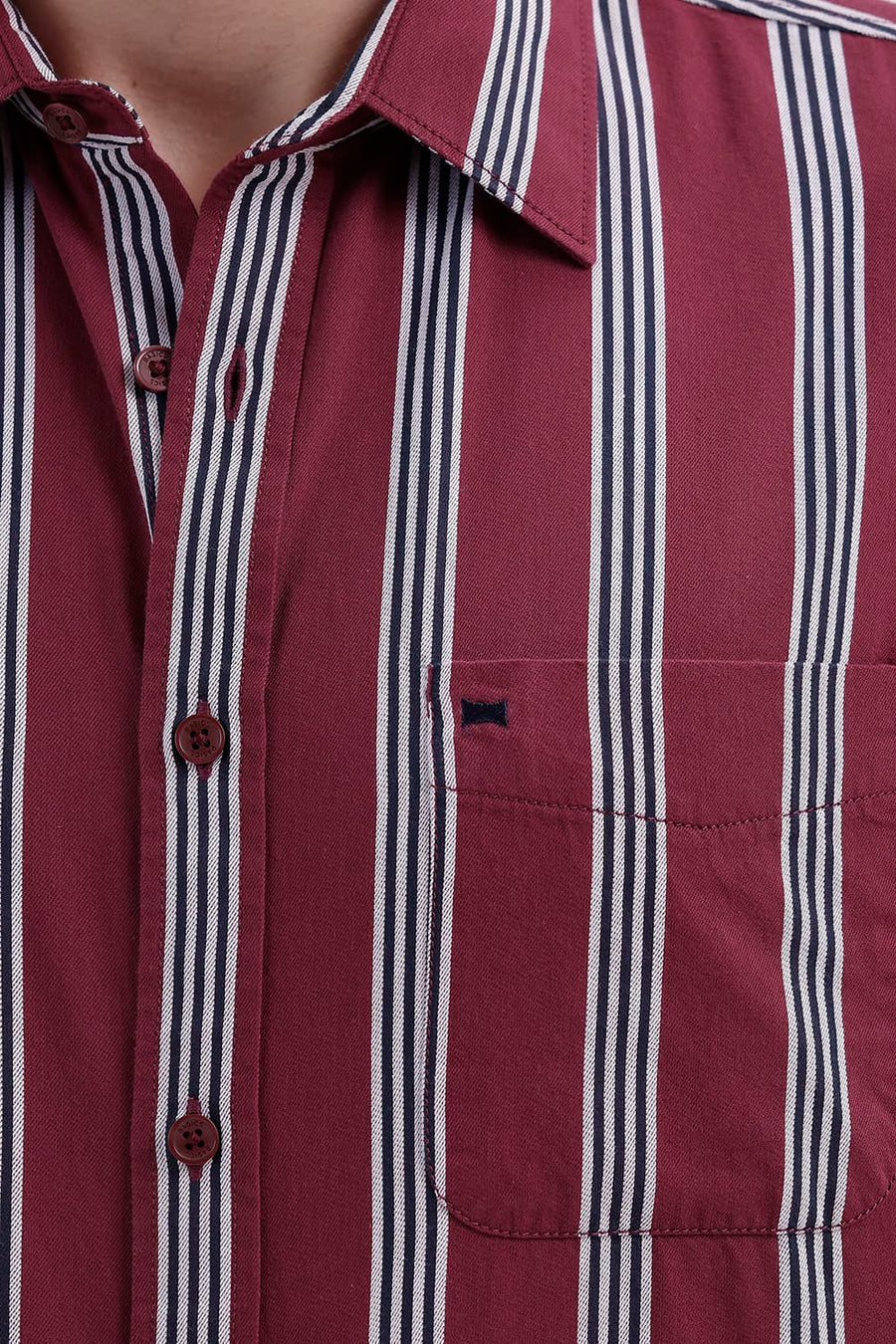 BASICS SLIM FIT CORDOVAN MAROON COTTON TWILL STRIPE HALFSLEEVES SHIRT