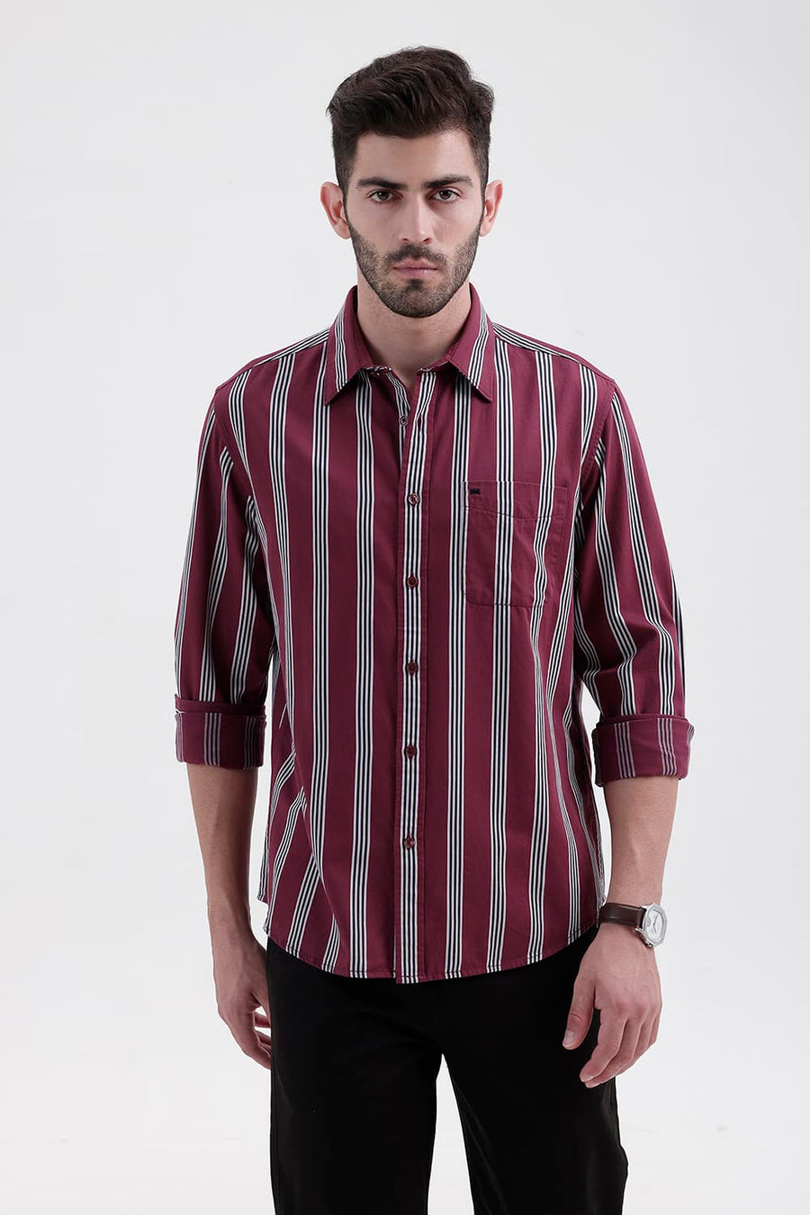 BASICS SLIM FIT CORDOVAN MAROON COTTON TWILL STRIPE SHIRT