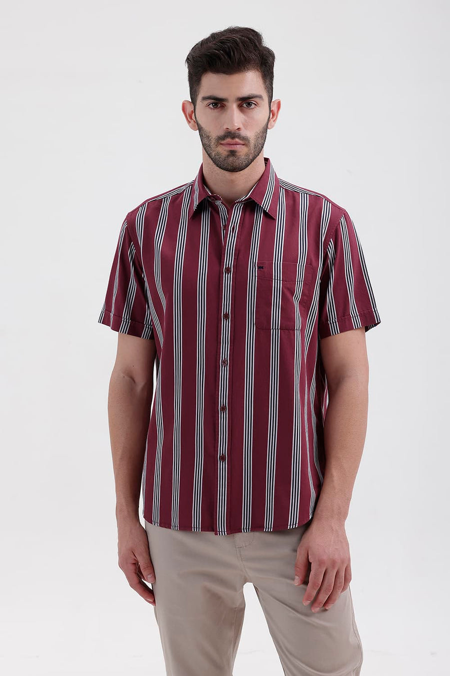 BASICS SLIM FIT CORDOVAN MAROON COTTON TWILL STRIPE HALFSLEEVES SHIRT