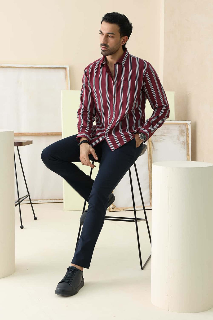 Basics Slim Fit Cordovan Maroon Cotton Twill Stripe Shirt