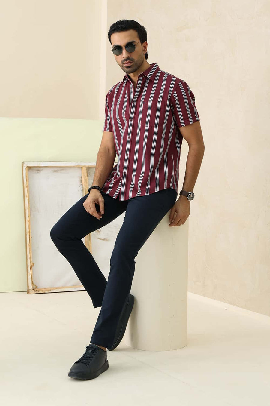 Basics Slim Fit Cordovan Maroon Cotton Twill Stripe Halfsleeves Shirt