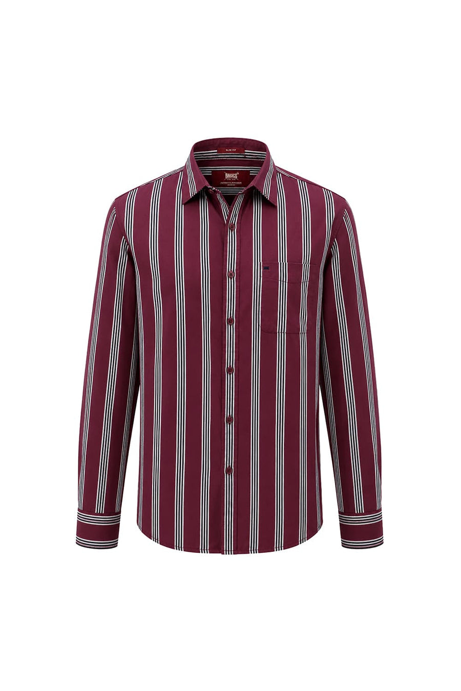 BASICS SLIM FIT CORDOVAN MAROON COTTON TWILL STRIPE SHIRT
