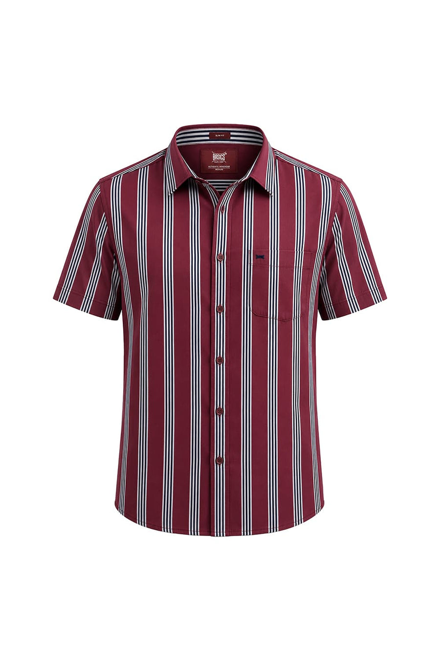 BASICS SLIM FIT CORDOVAN MAROON COTTON TWILL STRIPE HALFSLEEVES SHIRT