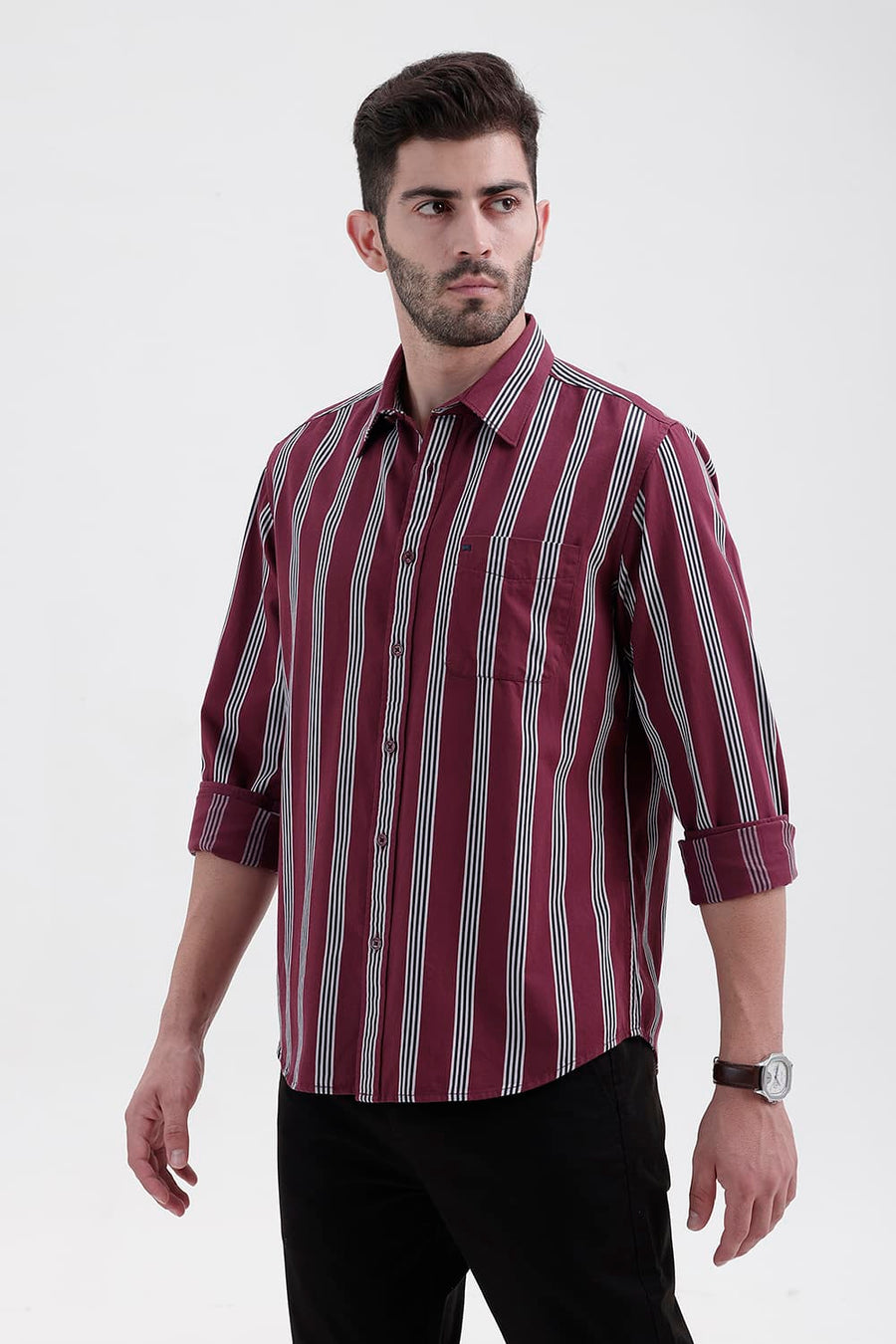 BASICS SLIM FIT CORDOVAN MAROON COTTON TWILL STRIPE SHIRT