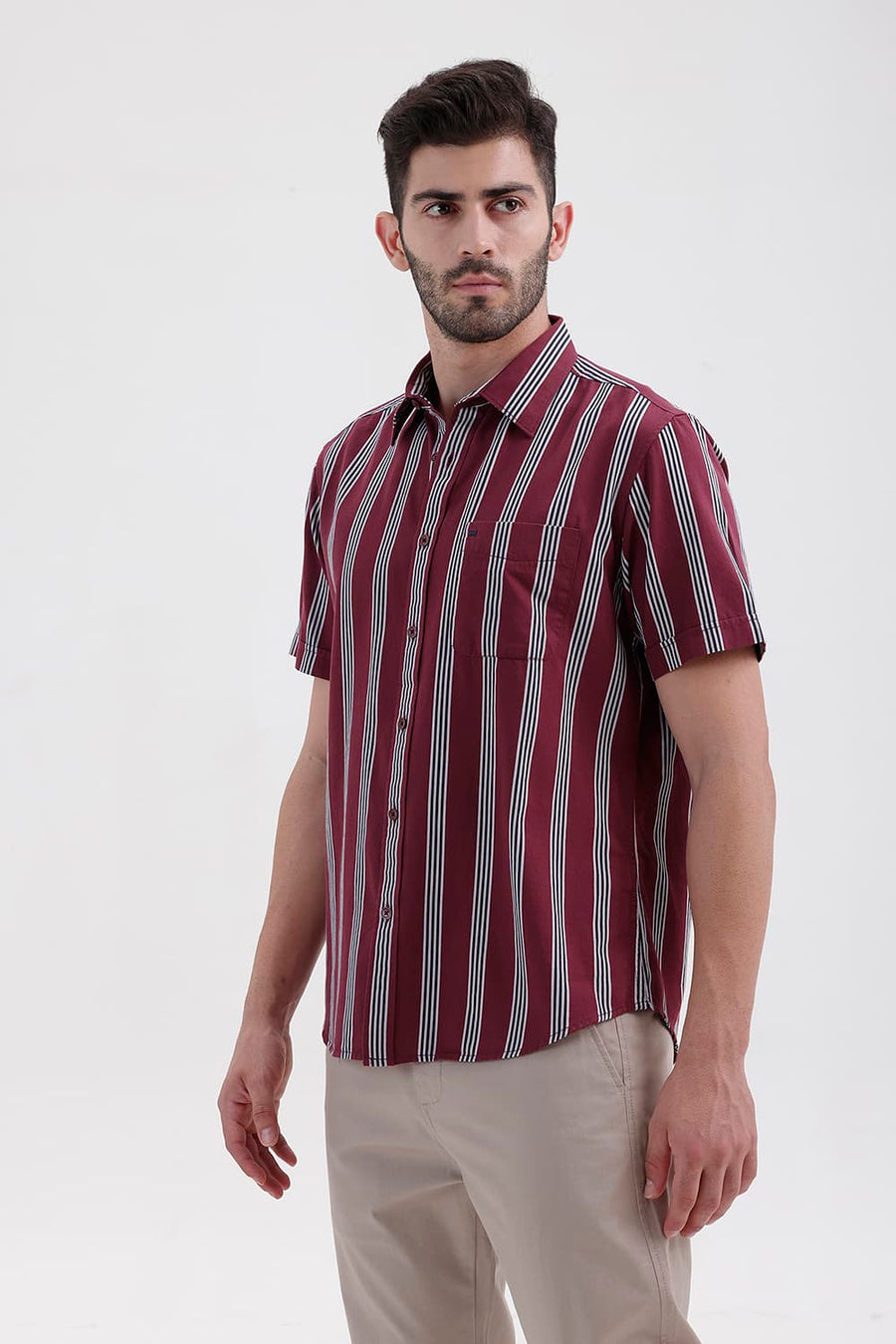 BASICS SLIM FIT CORDOVAN MAROON COTTON TWILL STRIPE HALFSLEEVES SHIRT