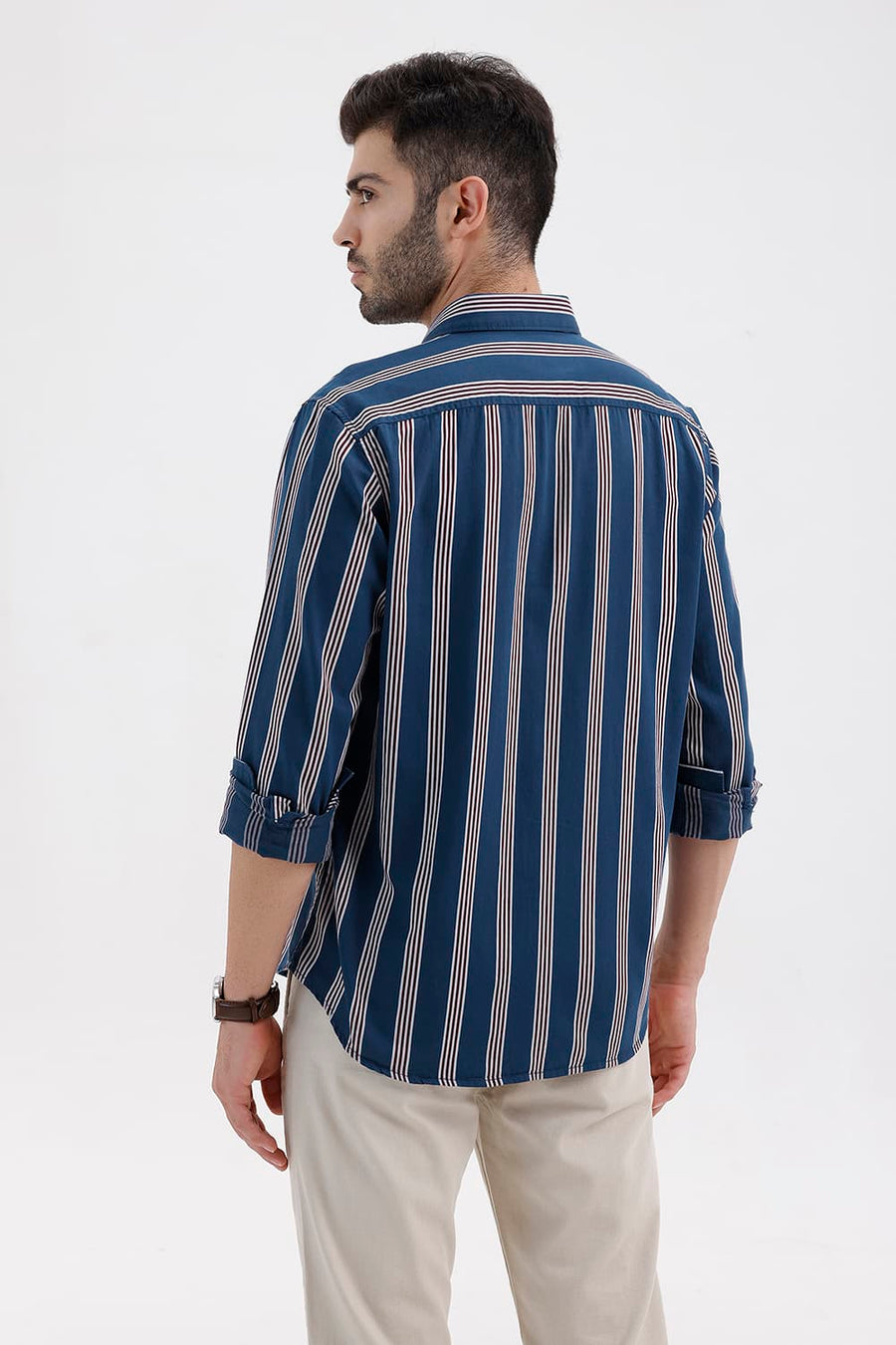 BASICS SLIM FIT STELLAR BLUE COTTON TWILL STRIPE SHIRT