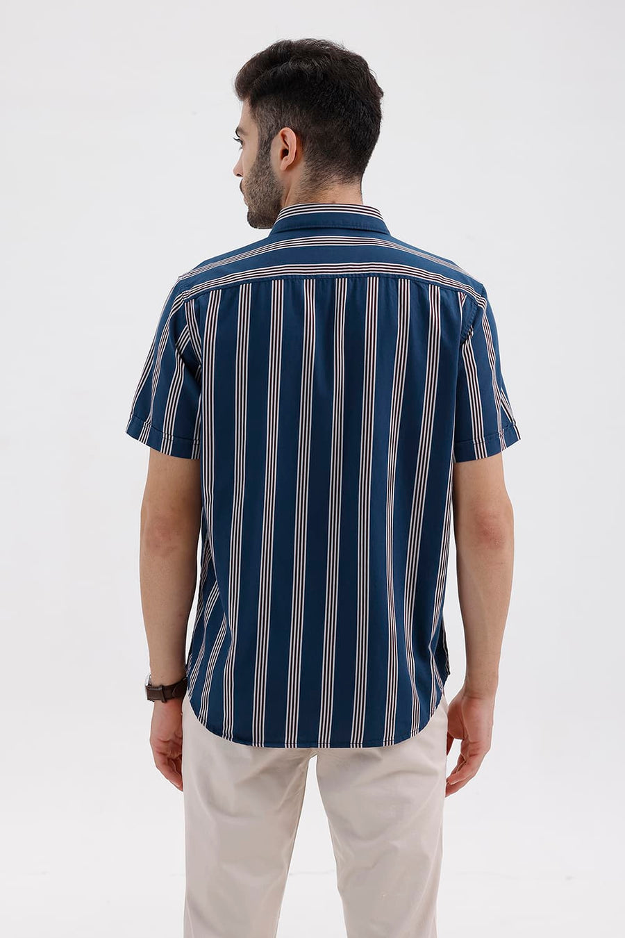 BASICS SLIM FIT STELLAR BLUE COTTON TWILL STRIPE HALFSLEEVES SHIRT