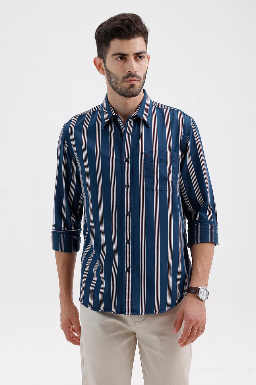 BASICS SLIM FIT STELLAR BLUE COTTON TWILL STRIPE SHIRT