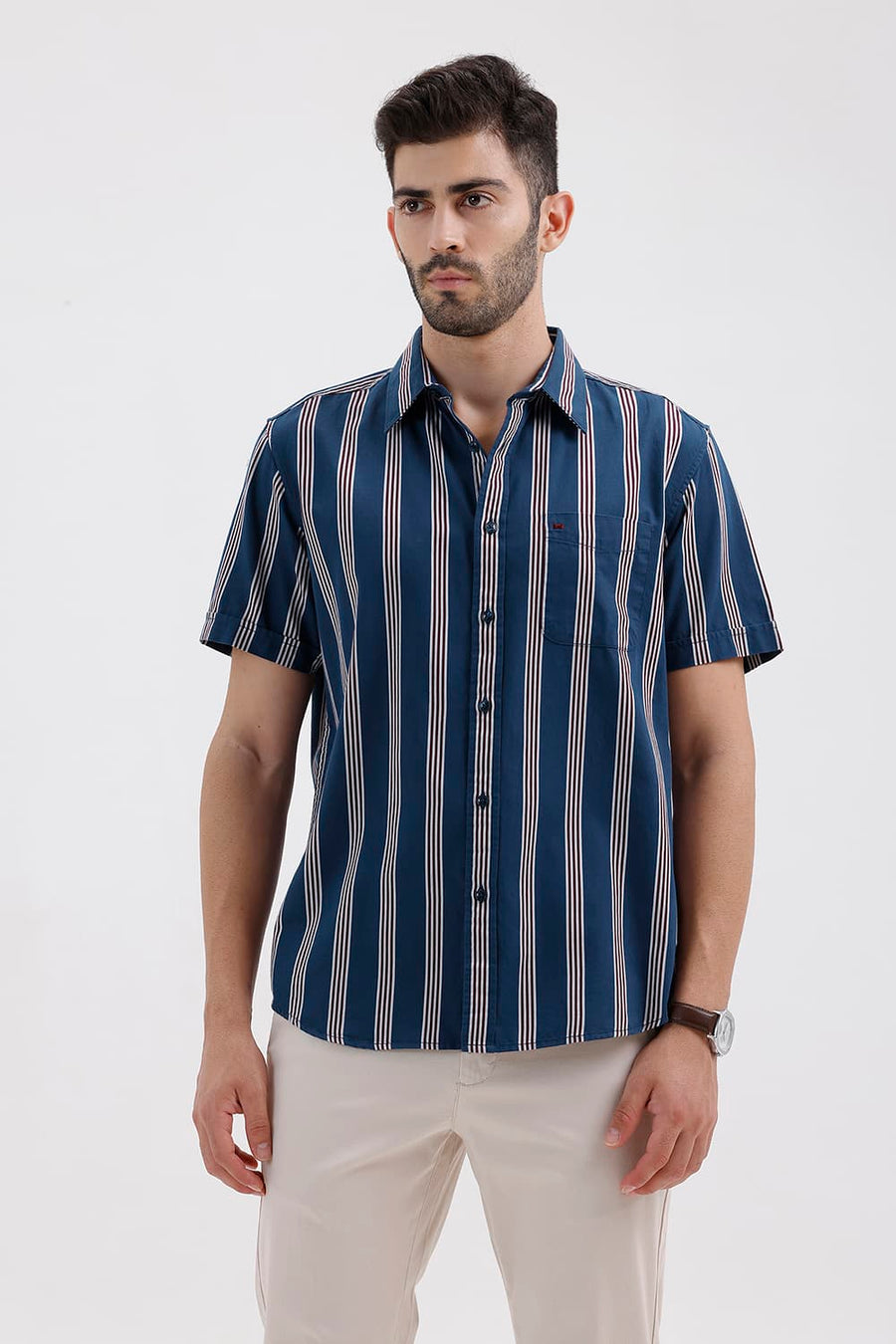 BASICS SLIM FIT STELLAR BLUE COTTON TWILL STRIPE HALFSLEEVES SHIRT