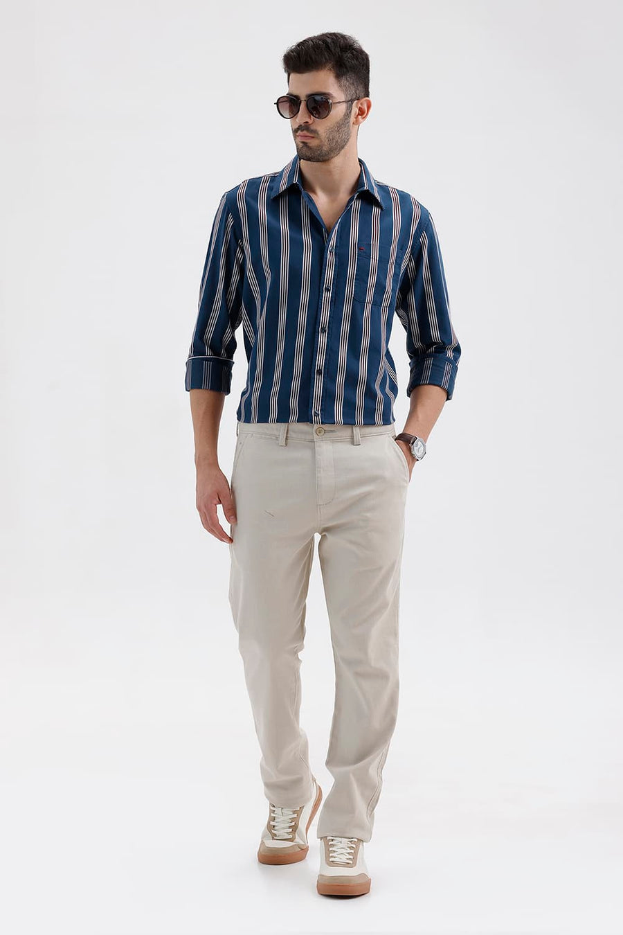 BASICS SLIM FIT STELLAR BLUE COTTON TWILL STRIPE SHIRT