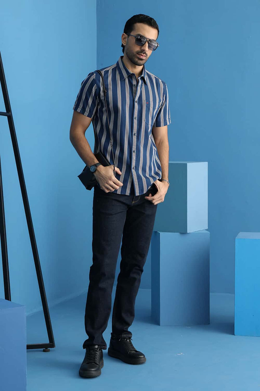 Basics Slim Fit Stellar Blue Cotton Twill Stripe Halfsleeves Shirt