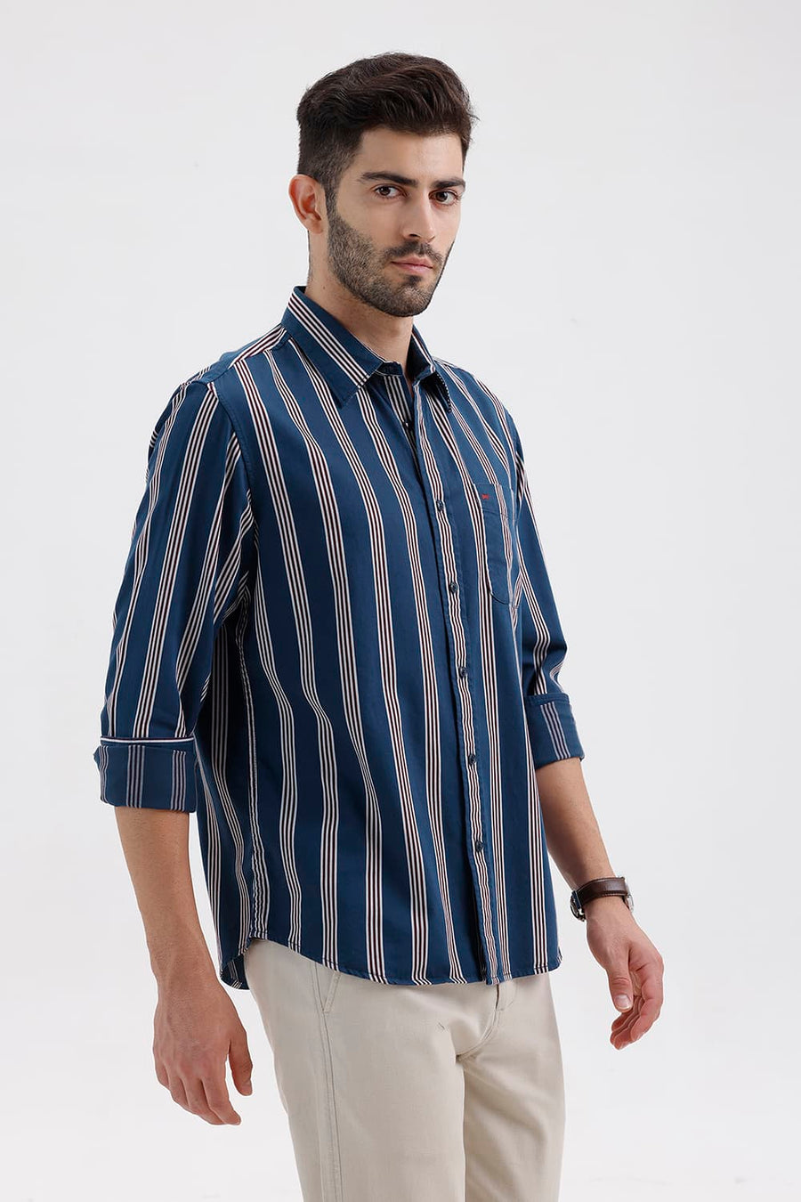 BASICS SLIM FIT STELLAR BLUE COTTON TWILL STRIPE SHIRT