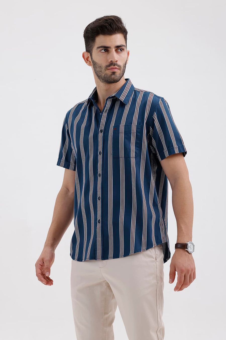 BASICS SLIM FIT STELLAR BLUE COTTON TWILL STRIPE HALFSLEEVES SHIRT