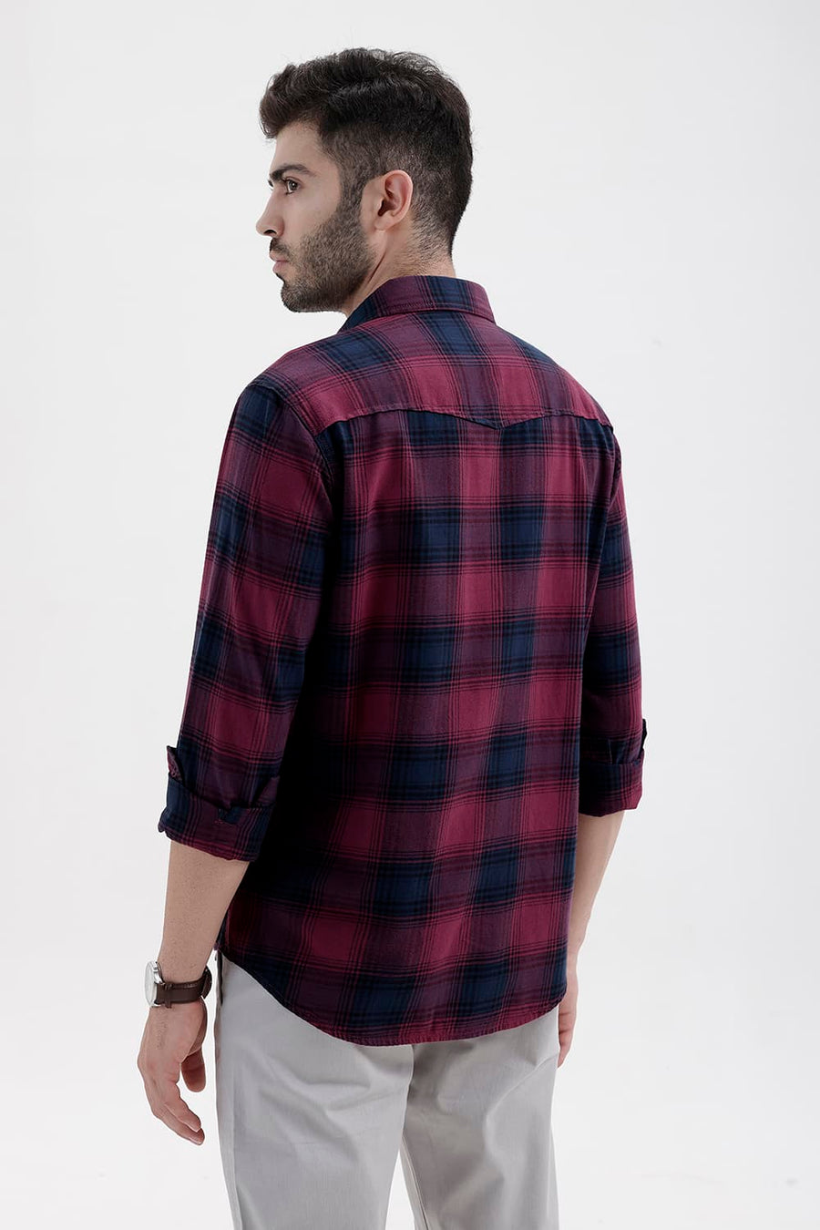 BASICS SLIM FIT DRY WINE COTTON BRUSHED TWILL CHECKS SHIRT