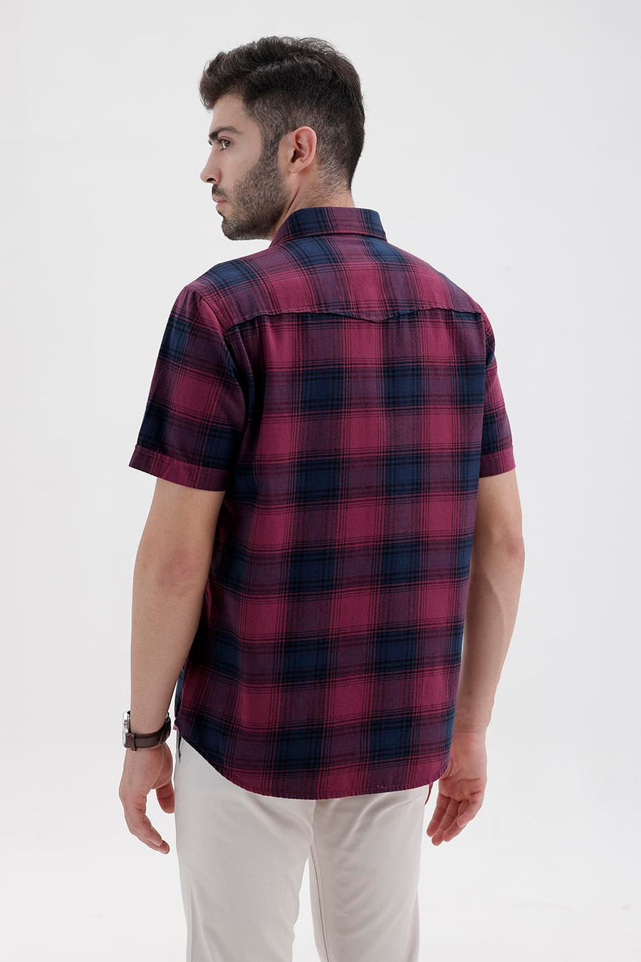 BASICS SLIM FIT DRY WINE COTTON BRUSHED TWILL CHECKS HALFSLEEVES SHIRT
