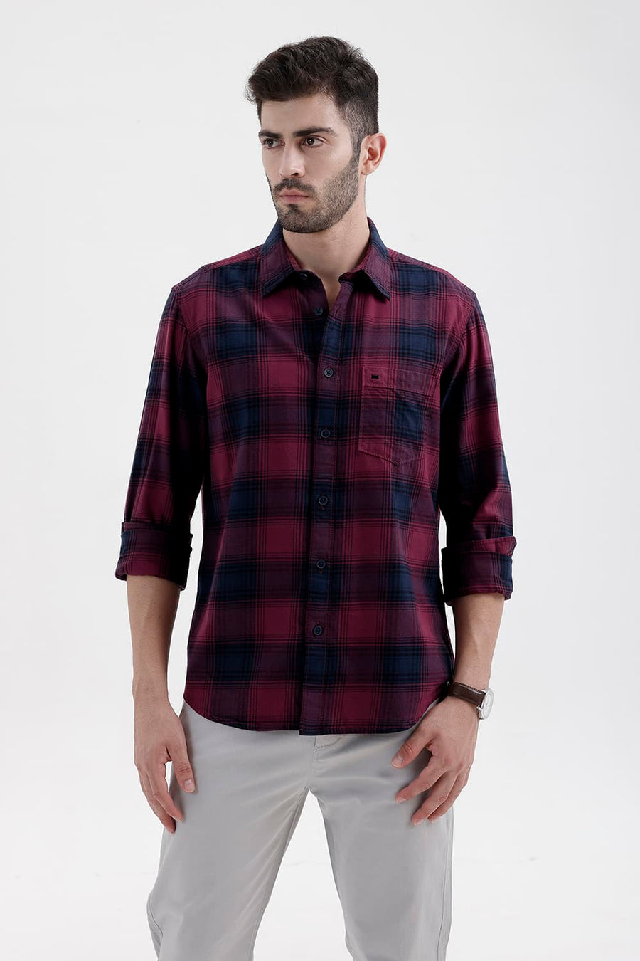 BASICS SLIM FIT DRY WINE COTTON BRUSHED TWILL CHECKS SHIRT
